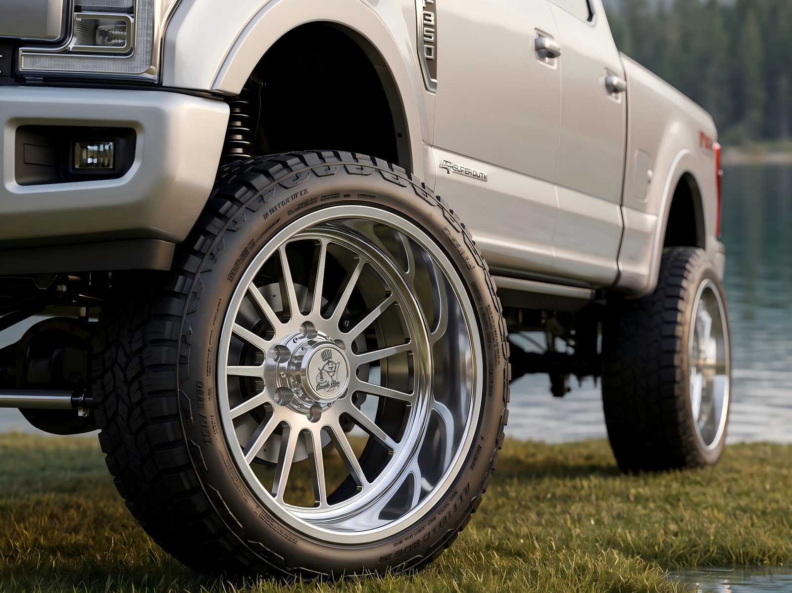 H-type forged wheel fitted to a lifted pickup truck