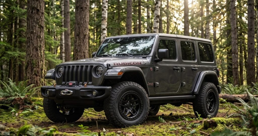 Jeep Wrangler Rubicon on lifted off-road forged wheels parked in a forest clearing