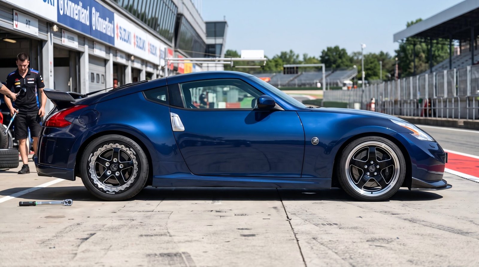 Nissan 370Z fitted with black polished-lip forged wheels in the track pit lane
