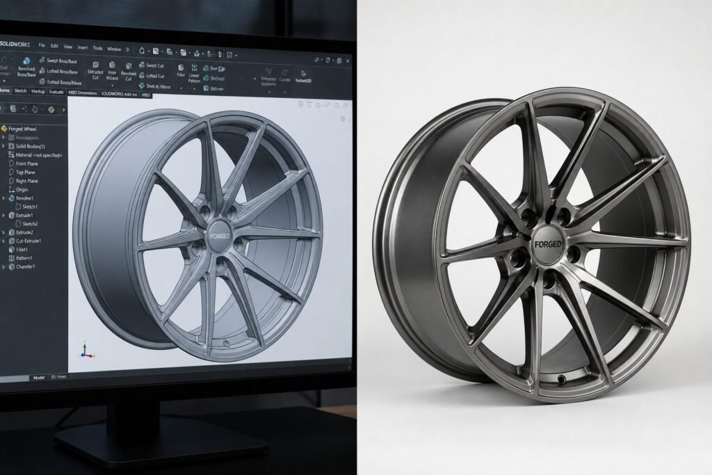 3D wheel design rendering next to the finished physical wheel