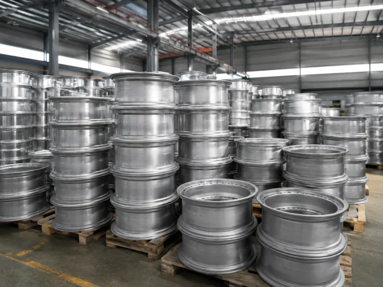 Stacks of forged aluminum wheel blanks on wooden pallets after pressing