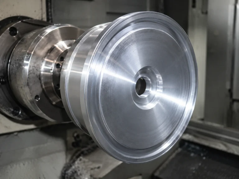 CNC lathe turning a forged wheel blank to its barrel profile