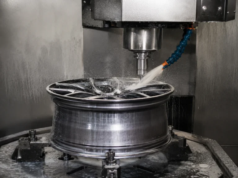 CNC machine milling a forged wheel spoke design