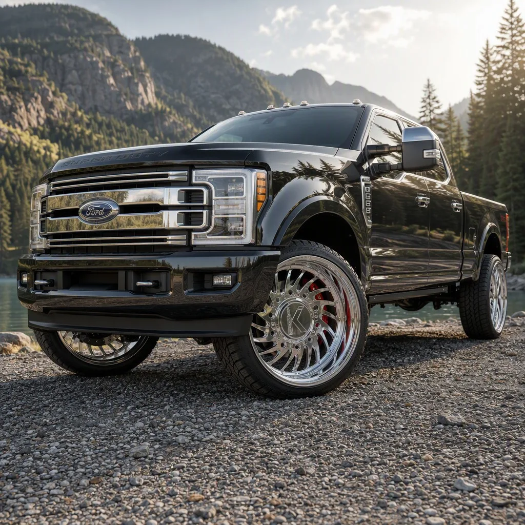 KG1 Forged polished multi-spoke wheel mounted on Ford F-250 Super Duty with aggressive poke