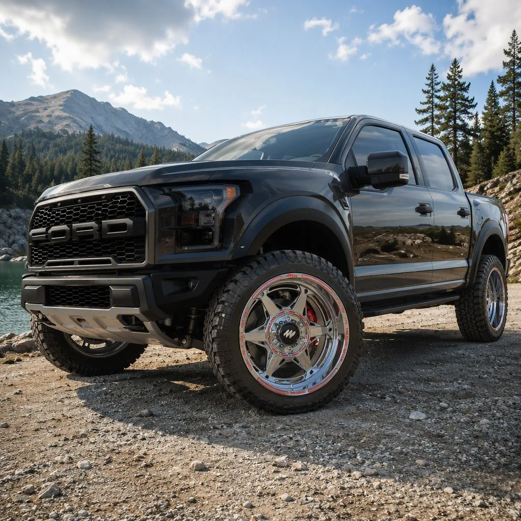 MMX Design polished 5-spoke wheel mounted on Ford F-150 Raptor with red pinstripe