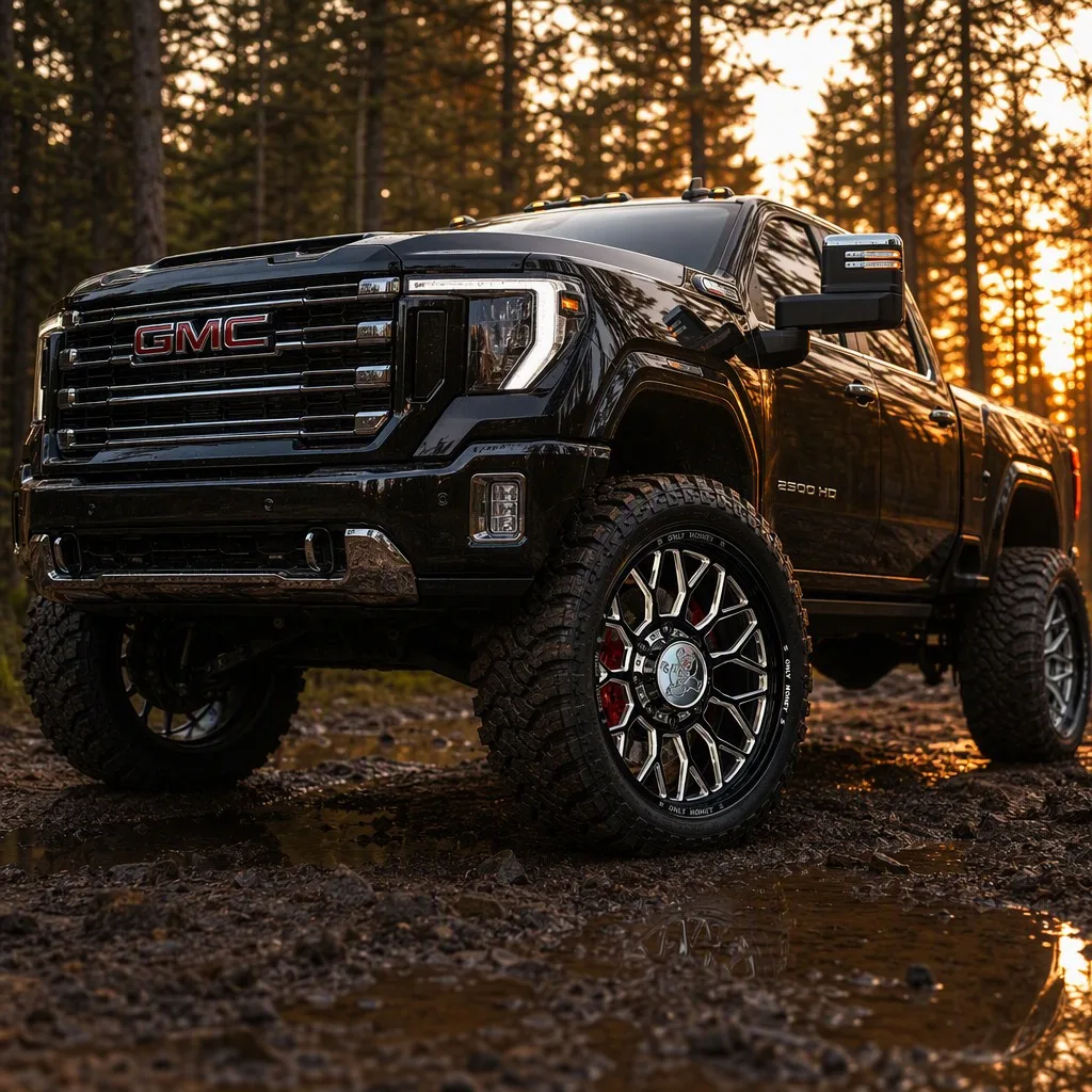 Only Money gloss black milled wheel mounted on GMC Sierra 2500HD