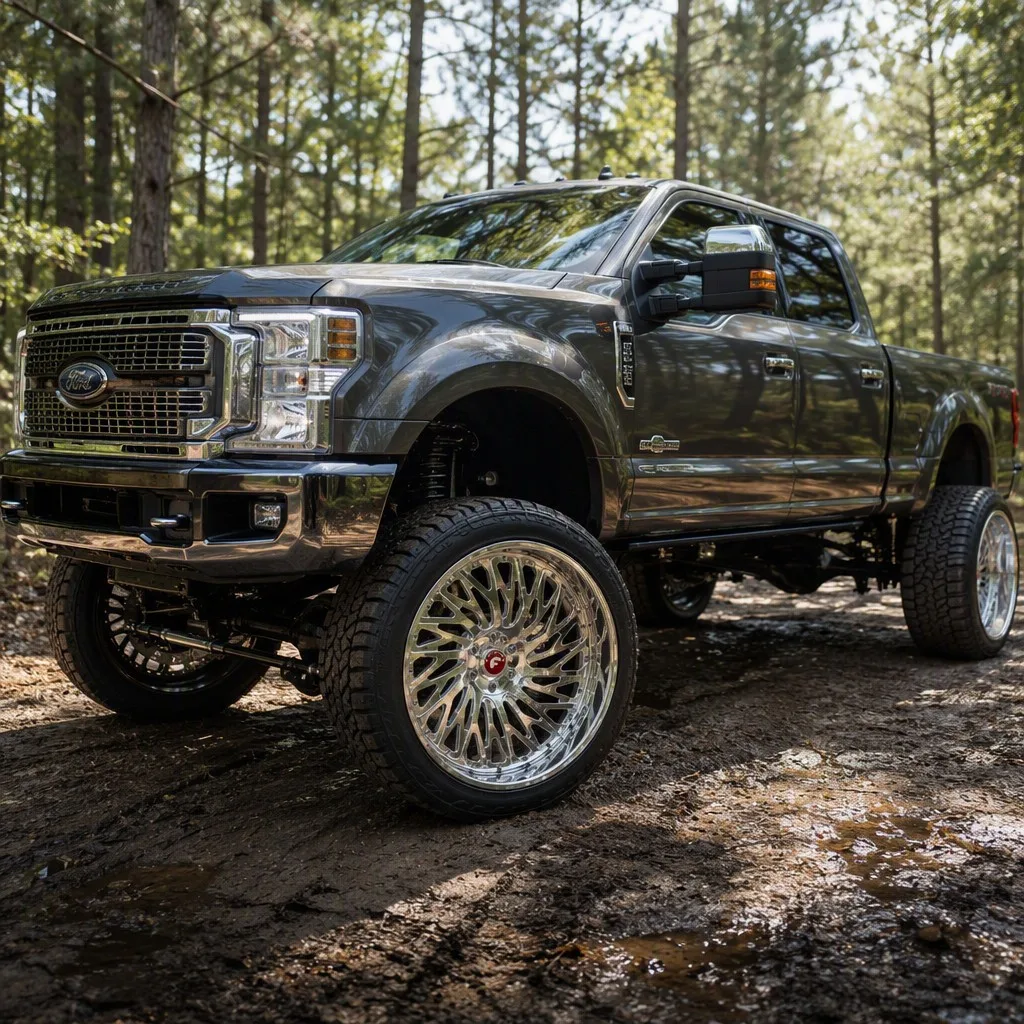 Forgiato chrome multi-spoke forged wheel mounted on lifted Ford F-150 Tremor pickup truck, aggressive stance