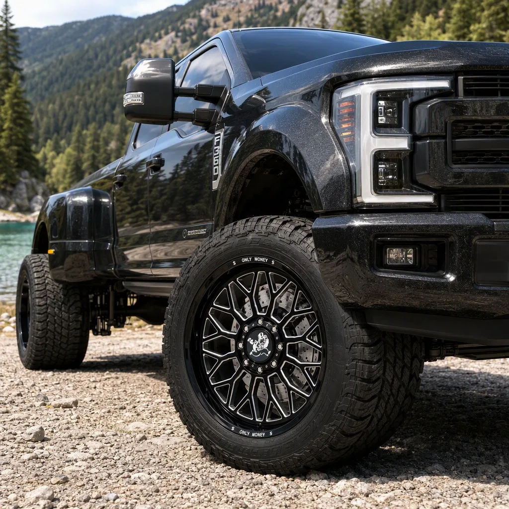 Only Money gloss black milled forged wheel mounted on Ford F-250 Super Duty pickup truck