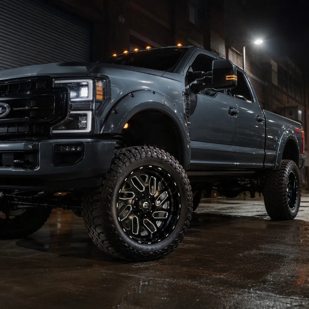Fuel Off-Road gloss black milled forged wheel mounted on Ford F-350 Super Duty pickup truck