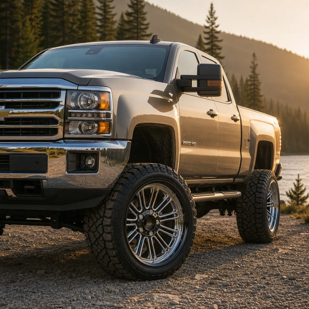 Gloss black milled fine multi-spoke forged wheel mounted on Chevrolet Silverado 2500HD pickup truck