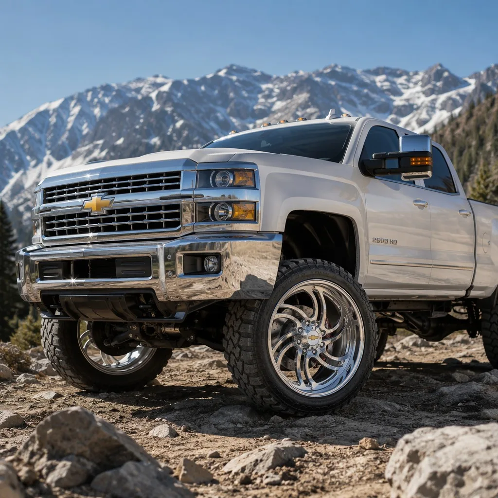 CX Custom Forged polished swirl multi-spoke wheel mounted on Chevrolet Silverado 2500HD pickup truck