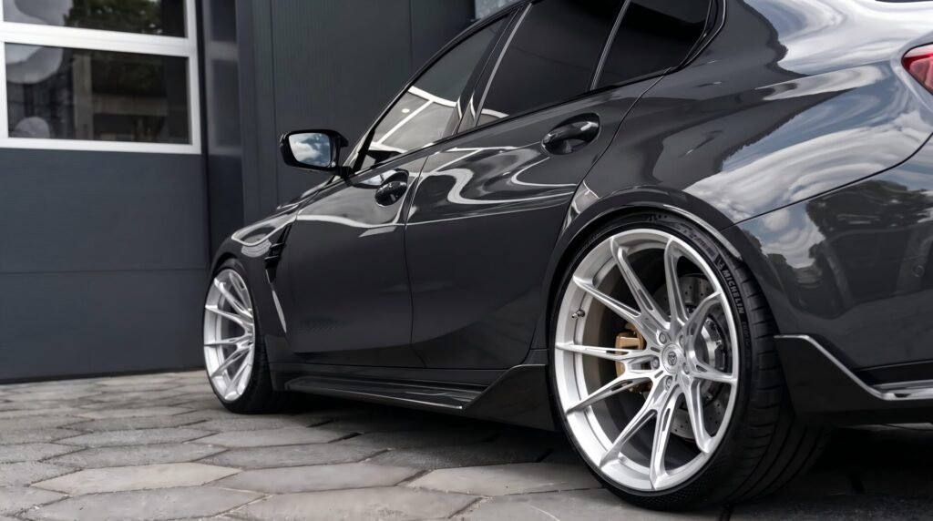 Audi TT RS fitted with polished silver square-fitment forged wheels