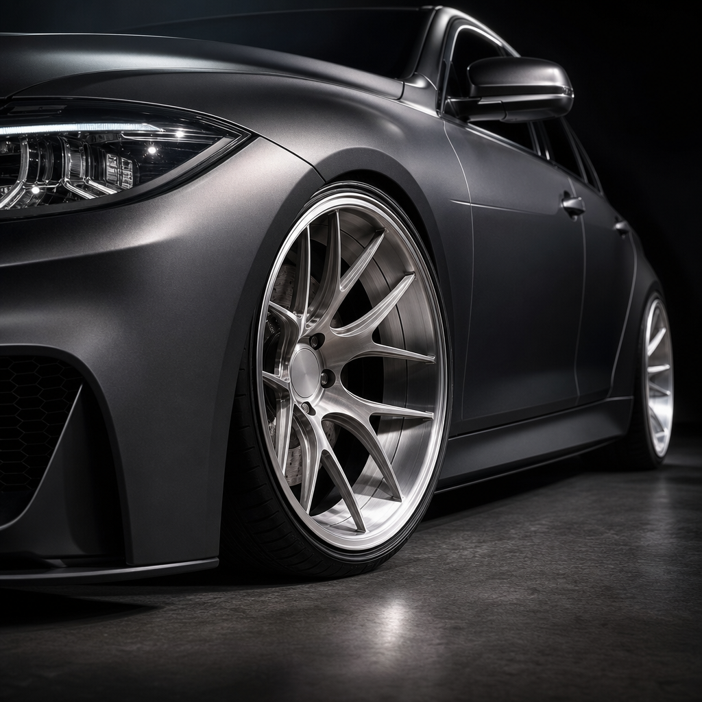 BMW-style performance sedan fitted with deep concave forged wheels