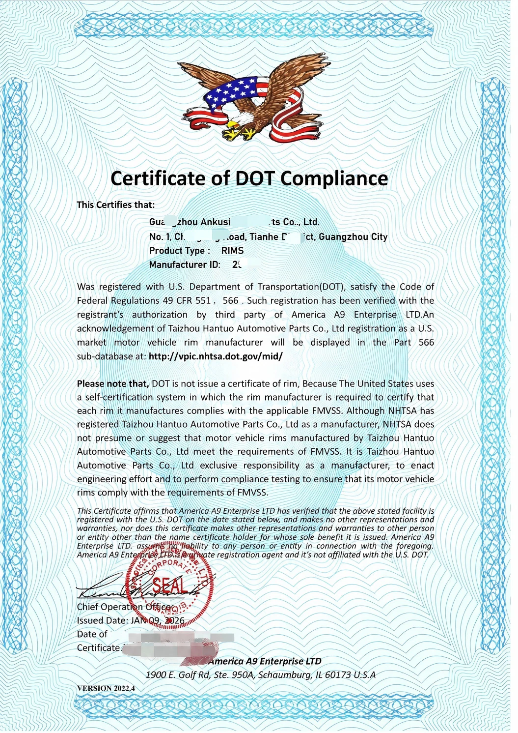 DOT certification for ANKUSI forged wheels sold in the United States