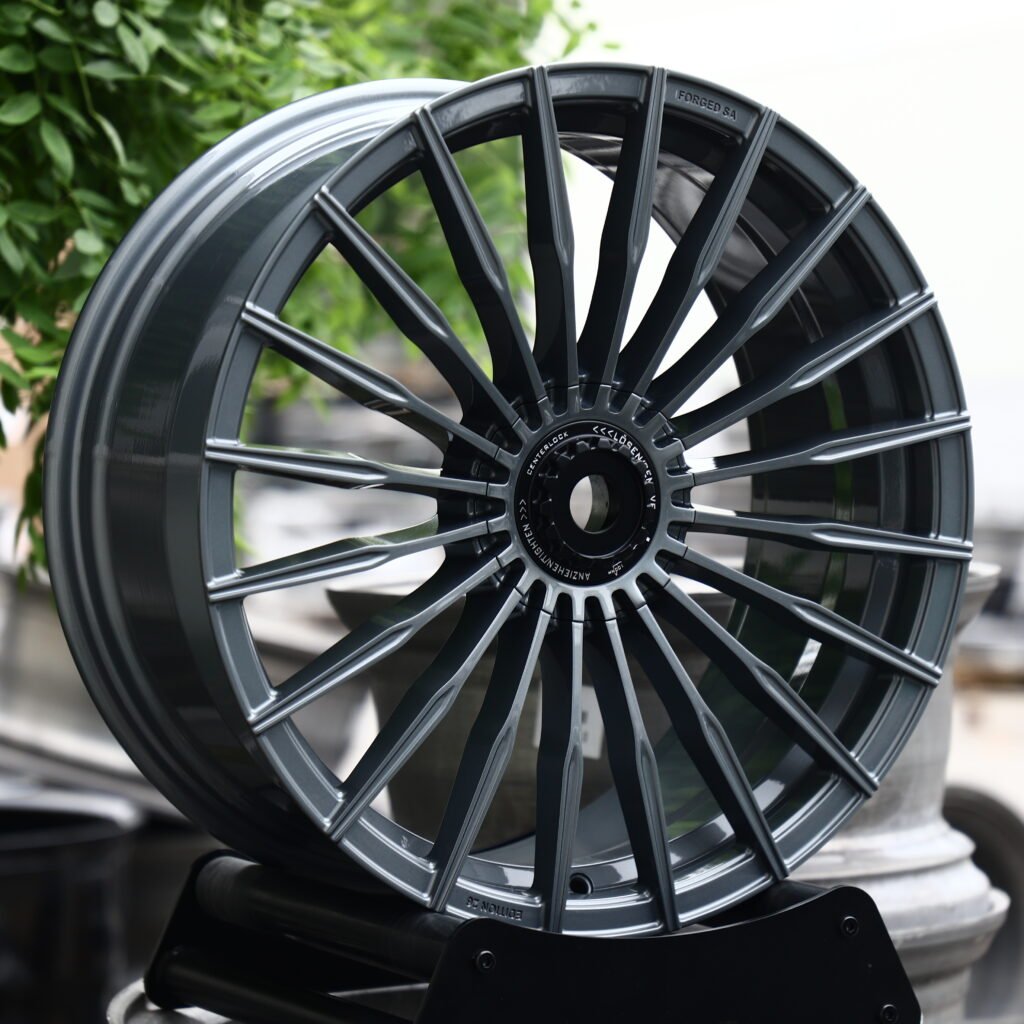 Porsche 911 991 wheels – Matte Gunmetal 20-Spoke (Edition 26-Style), angled view