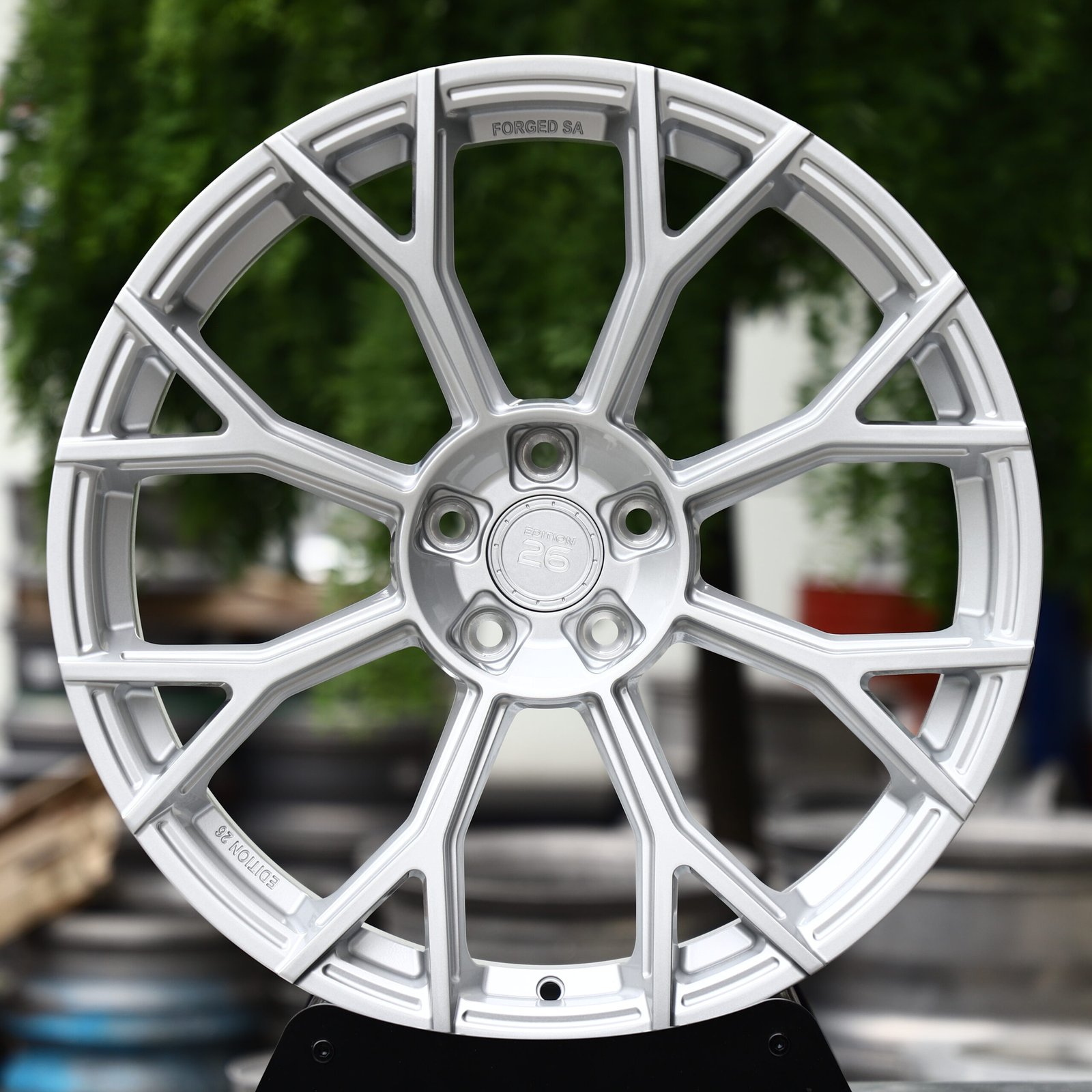 EDITION 26 Matte Silver 10-Spoke Y-Design Forged Wheels – Audi RS5 Sedan, front view