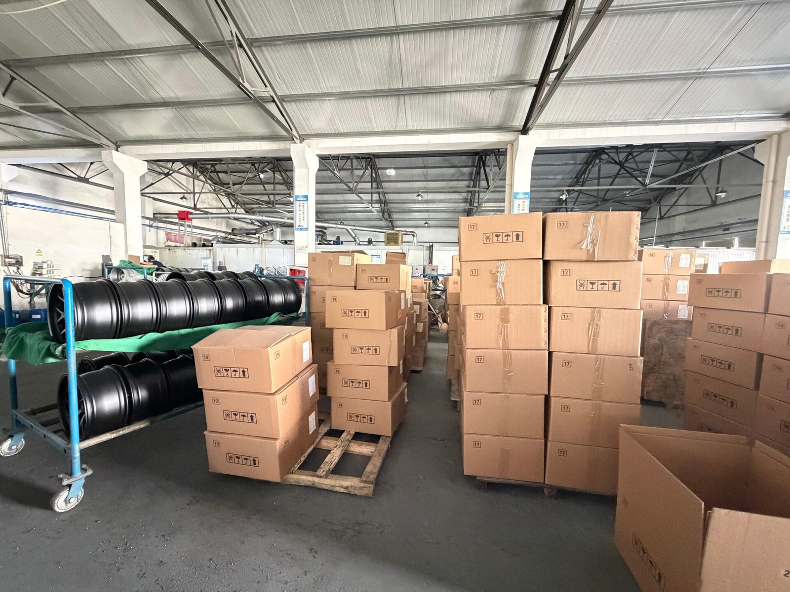 Finished forged wheels packaged and ready for export shipping in the warehouse
