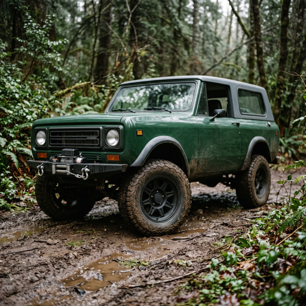 Ford Bronco boxy off-road SUV on a muddy forest trail fitted with matte black forged off-road wheels and all-terrain tires