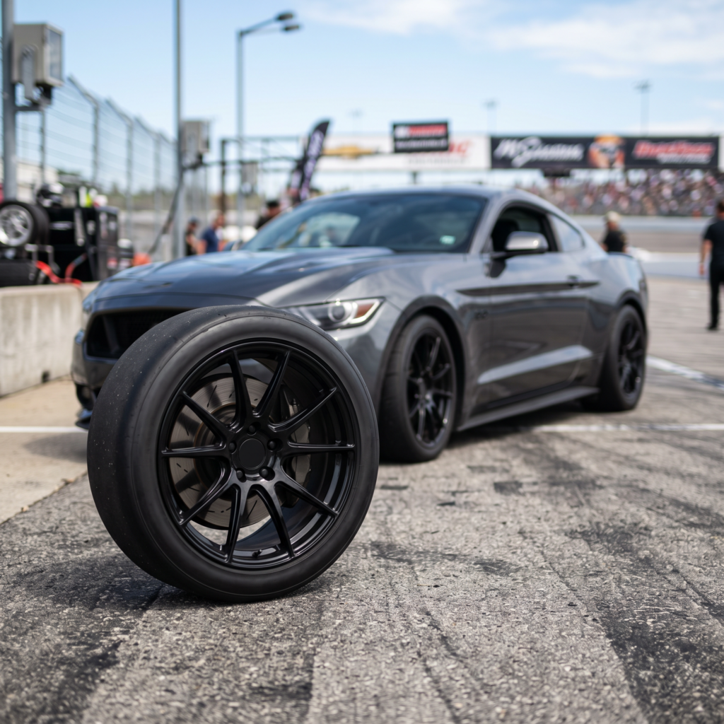 Staggered gloss black forged wheels on a performance muscle coupe at a race circuit pit lane — forged wheel options for the Chevrolet Camaro
