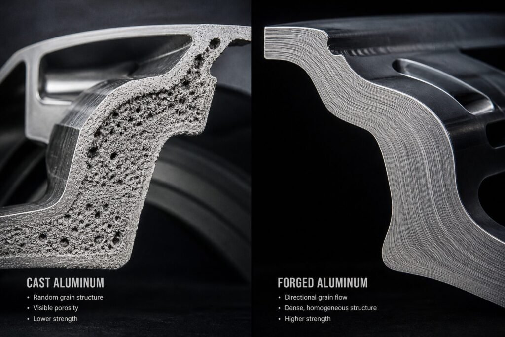 Cast vs forged aluminum wheel cross-section comparison showing grain structure difference