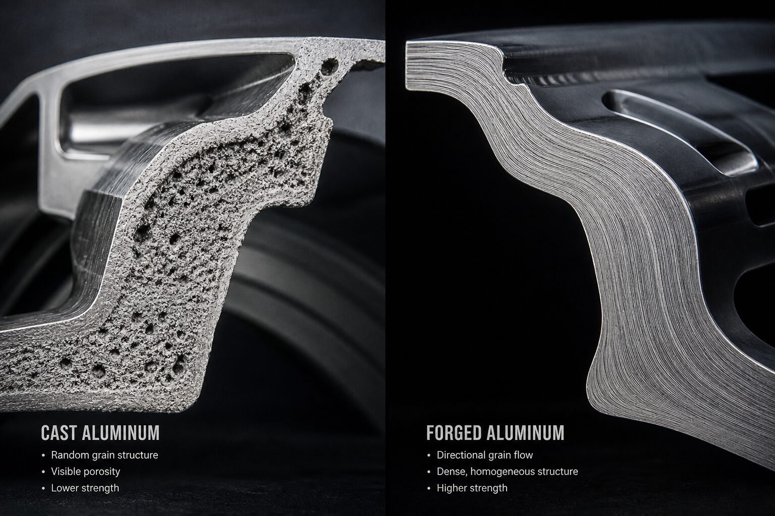 Cast vs forged aluminum wheel cross-section comparison showing grain structure difference