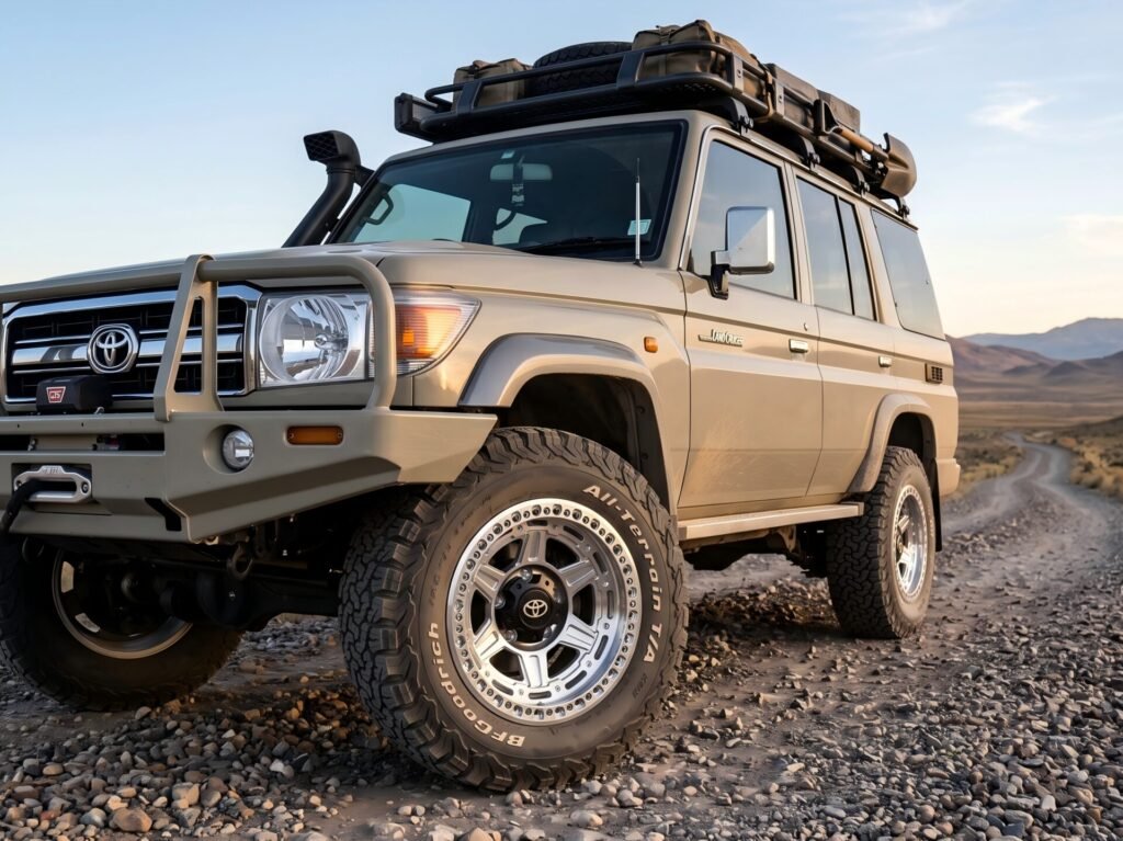 Toyota Land Cruiser fitted with polished true beadlock forged wheels on a trail