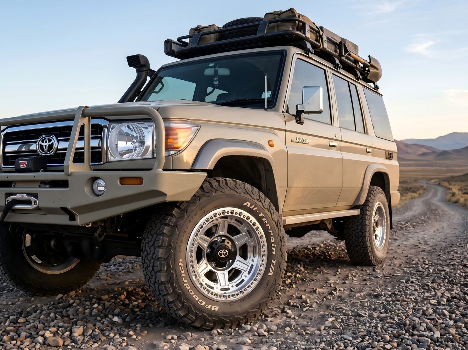 Toyota Land Cruiser fitted with polished true beadlock forged wheels on a trail