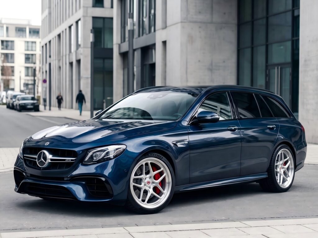 Mercedes E-Class AMG wagon fitted with polished silver Vossen-style touring wheels