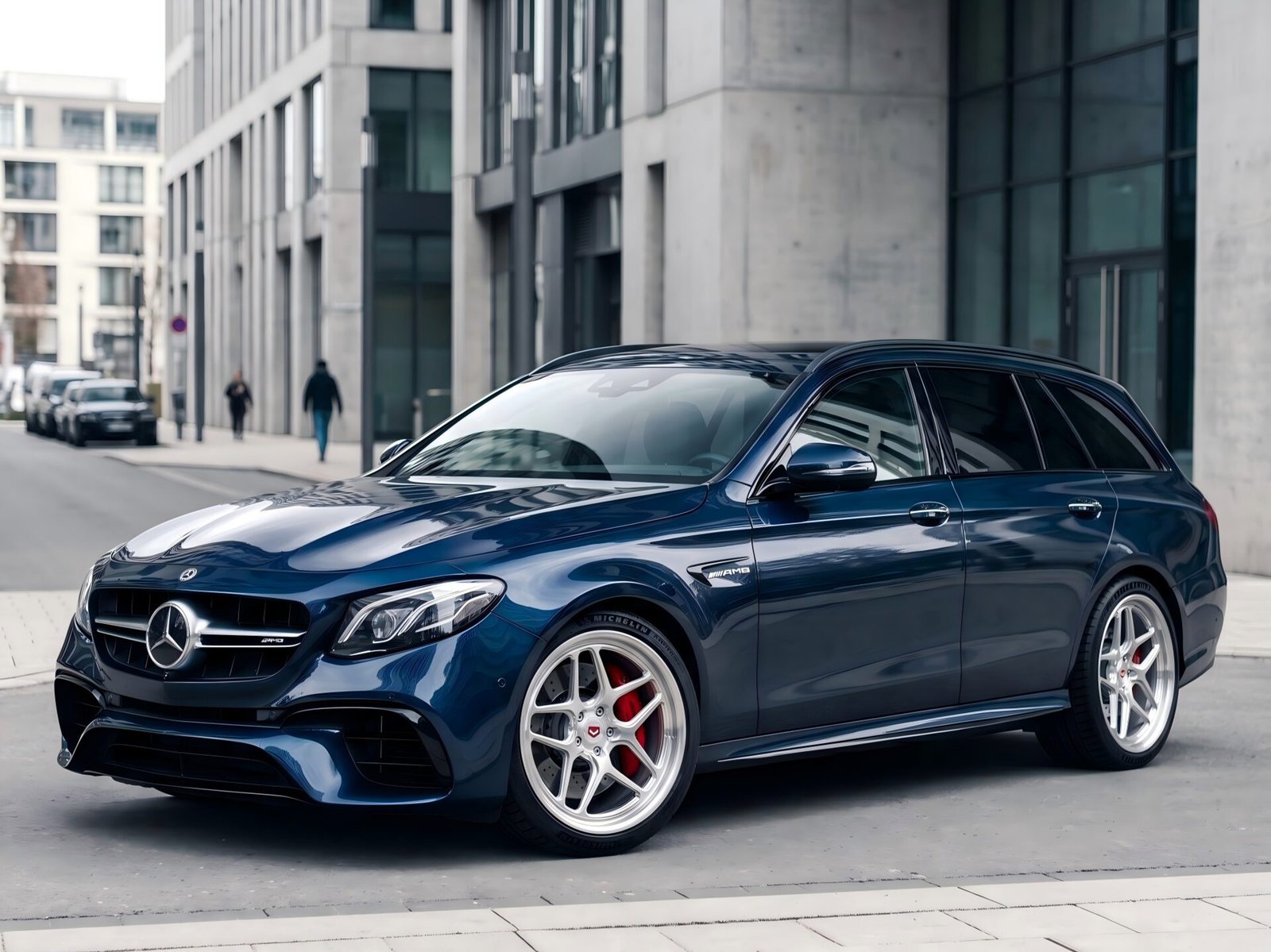 Mercedes E-Class AMG wagon fitted with polished silver Vossen-style touring wheels