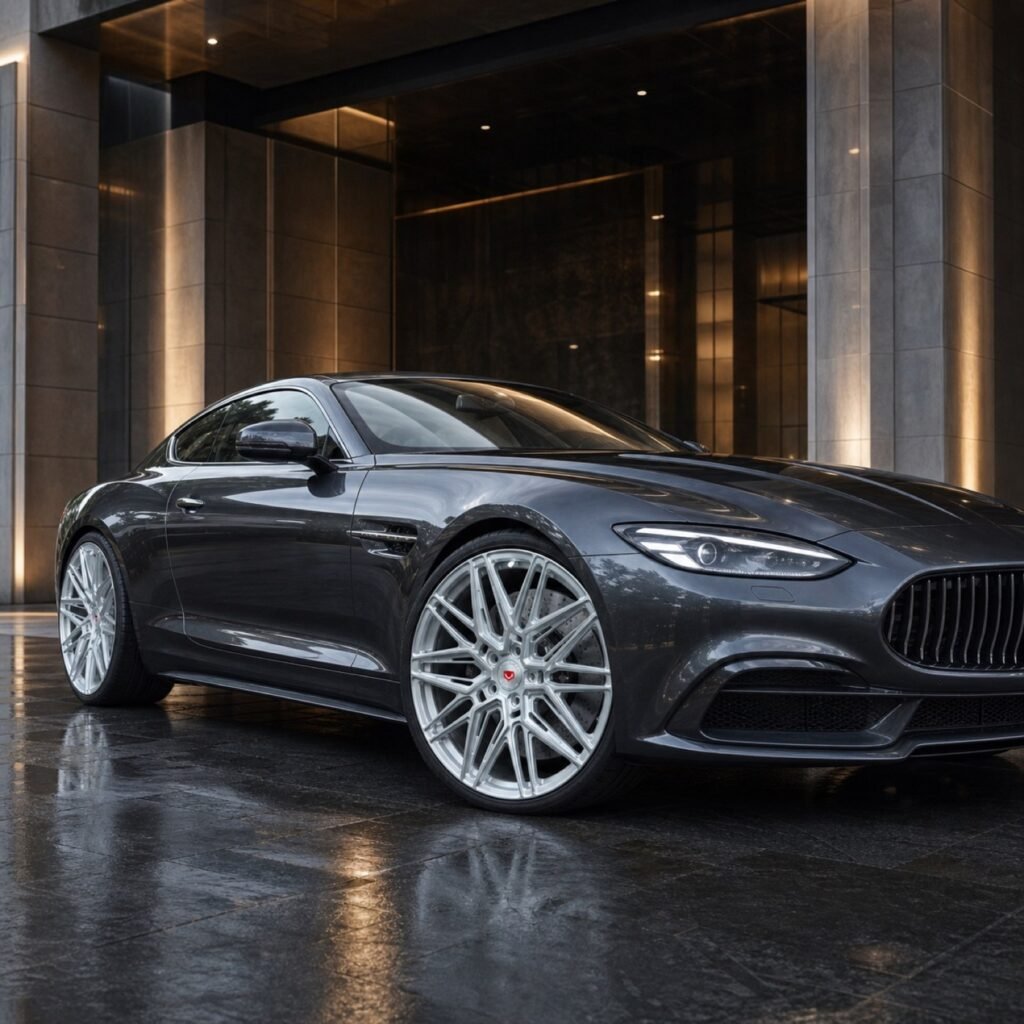 Multi-spoke forged wheel installed on a grey luxury sports coupe parked at a modern building entrance at night