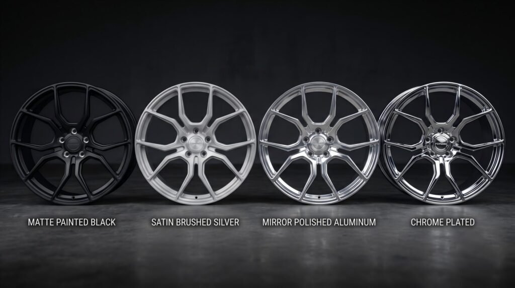 Four wheel finish types compared: matte black, satin brushed silver, mirror polished and chrome