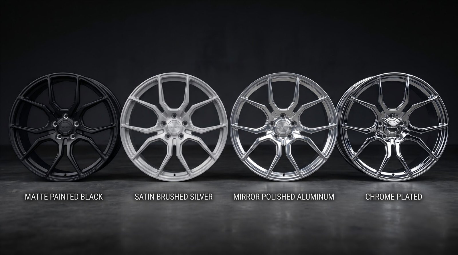 Four wheel finish types compared: matte black, satin brushed silver, mirror polished and chrome