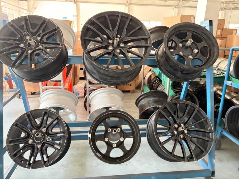 Forged wheels awaiting a protective clear coat