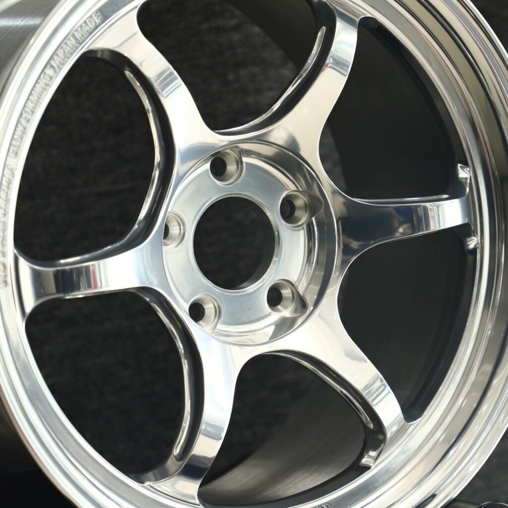 Subaru WRX wheels – Advan Racing Bright Silver 6-Spoke Deep Lip, lip and barrel detail