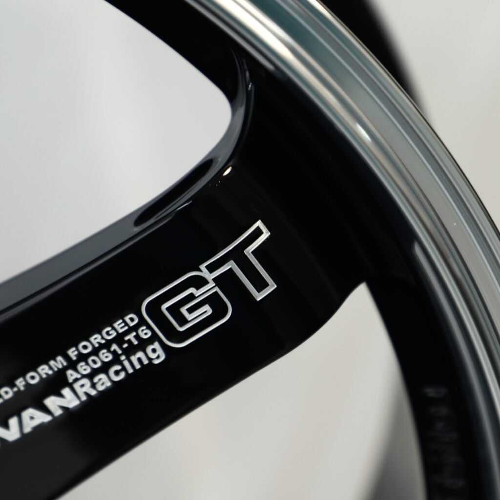 Subaru WRX wheels – Advan Racing Gloss Black 5-Spoke Deep Lip, lip and barrel detail