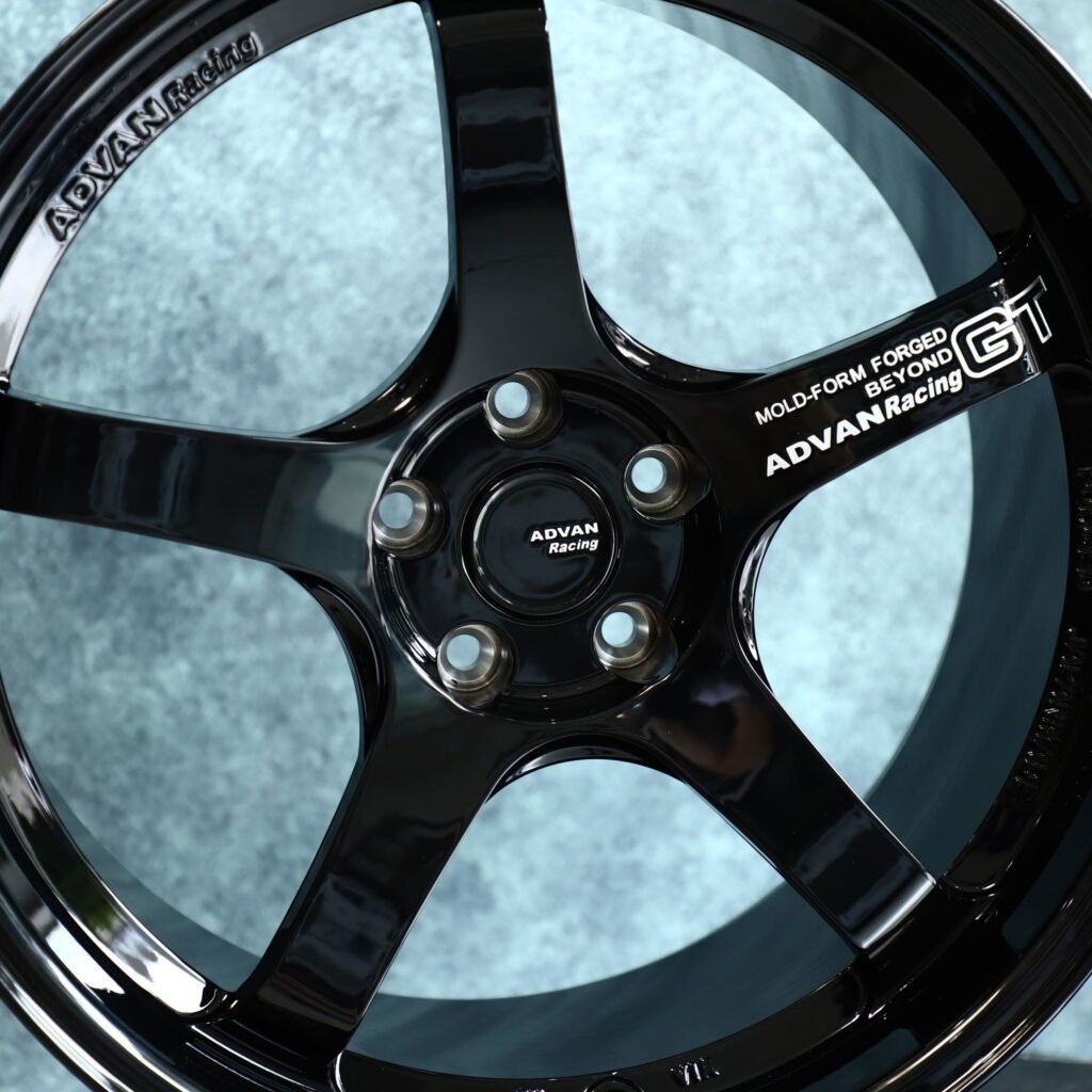 Subaru WRX wheels – Advan Racing Gloss Black 5-Spoke, lip and barrel detail