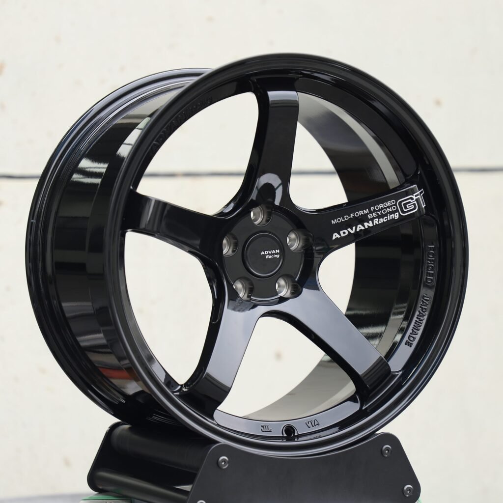 5x100 wheels – Matte Silver 5-Spoke Deep Lip (Advan Racing GT-Style), side view