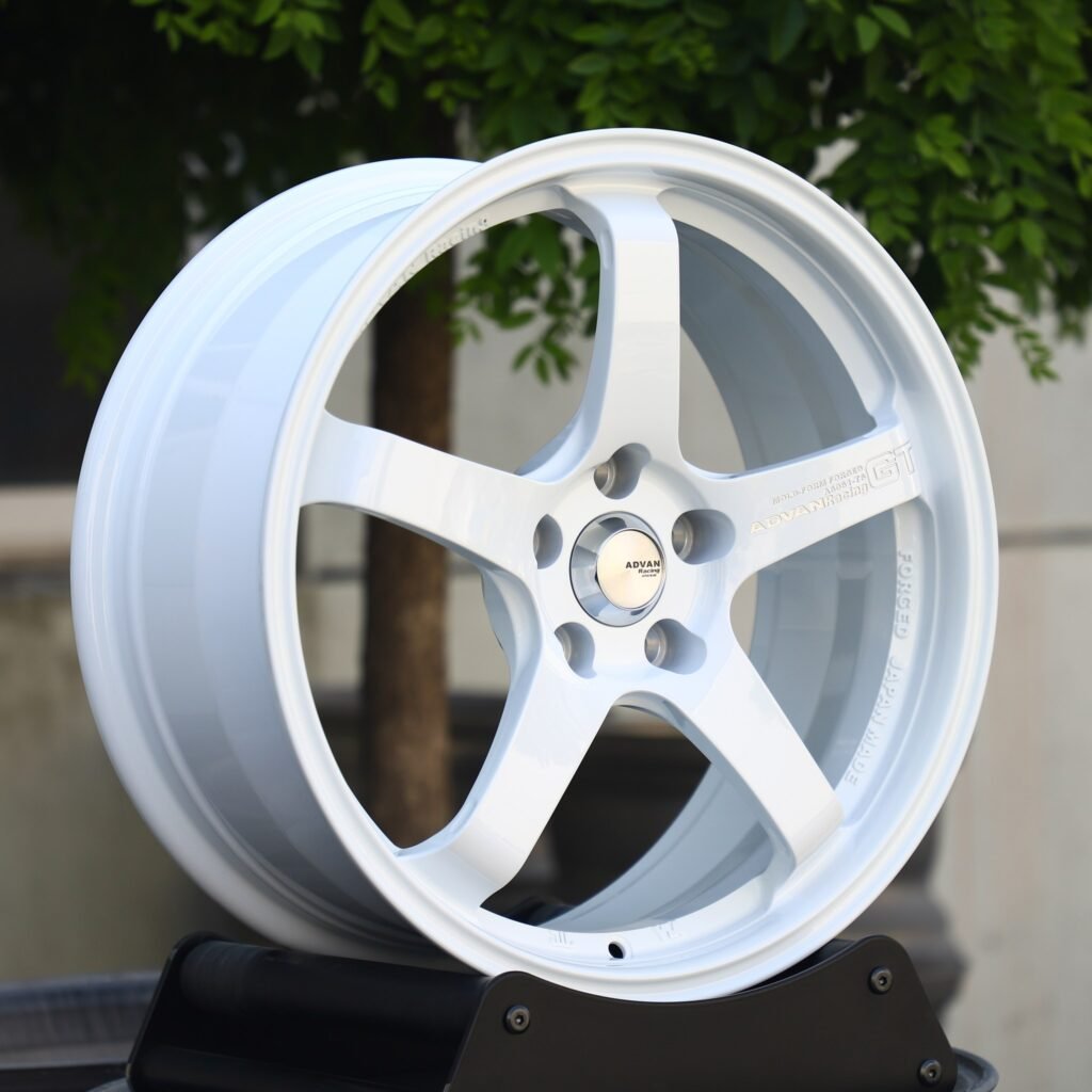 5x100 wheels – Matte Silver 5-Spoke (Advan Racing GT-Style), side view