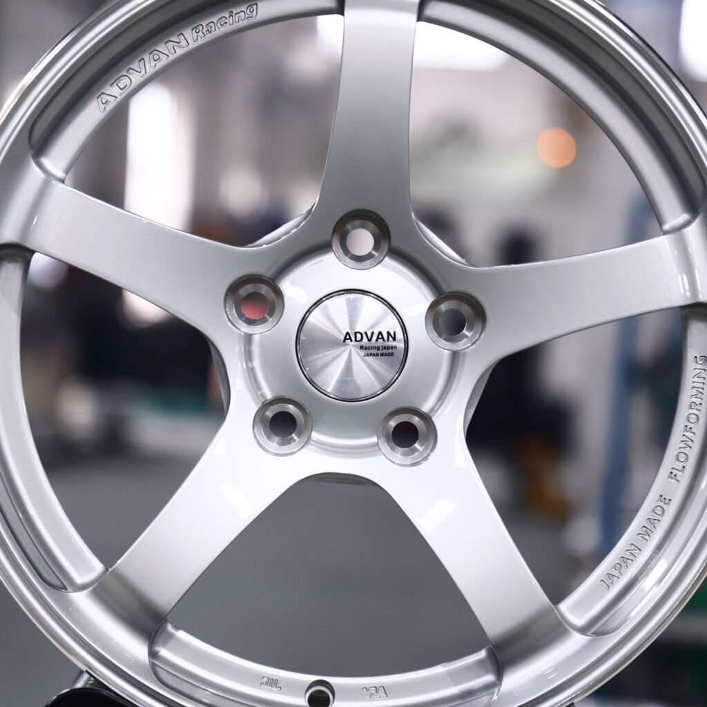 Subaru WRX wheels – Advan Racing Matte Silver 5-Spoke, lip and barrel detail