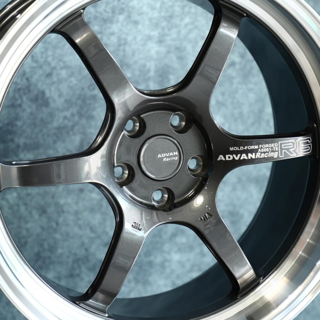 Subaru WRX wheels – Advan Racing Matte Silver 6-Spoke Deep Lip, lip and barrel detail