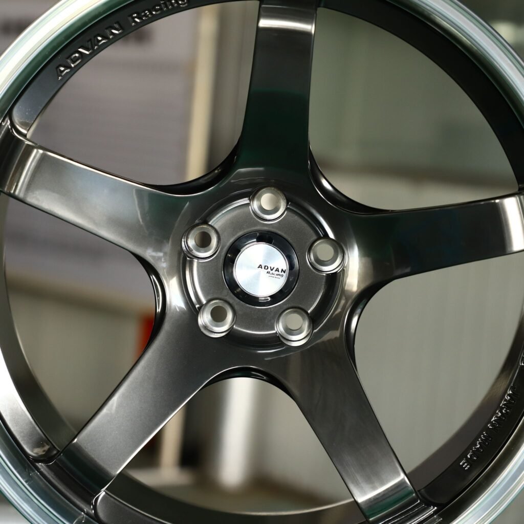 Subaru BRZ wheels – Metallic Gray 5-Spoke Extra Deep Lip Deep Lip (Advan Racing GT-Style), lip and barrel detail