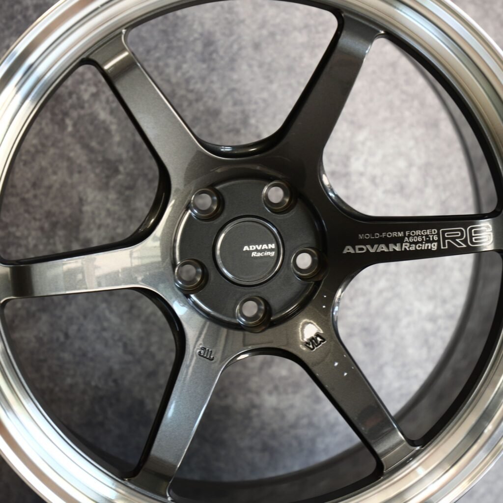 Subaru WRX wheels – Advan Racing Metallic Gray 6-Spoke Deep Lip, lip and barrel detail