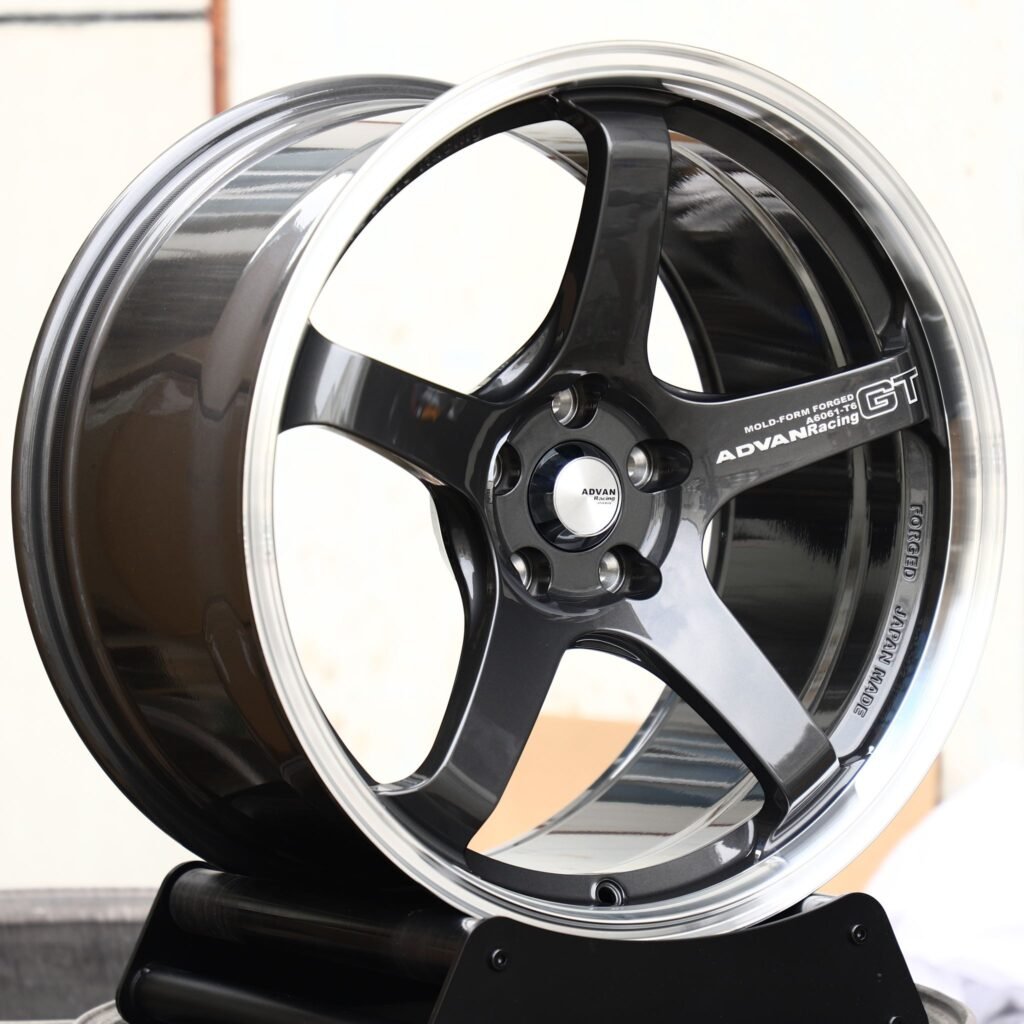 BMW M3 wheels – Gloss Black 5-Spoke Machined Deep Lip (Advan Racing-Style), angled view