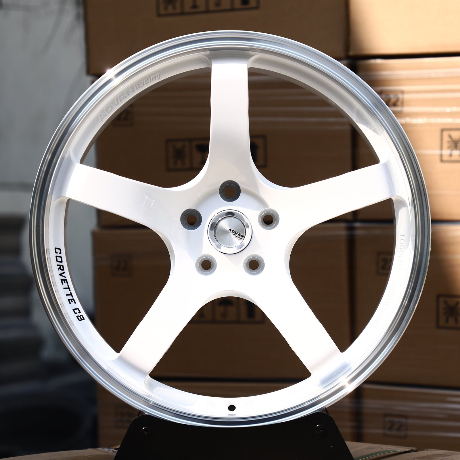 Porsche 911 wheels – Gloss White 5-Spoke Polished Lip (Advan Racing-Style), front view
