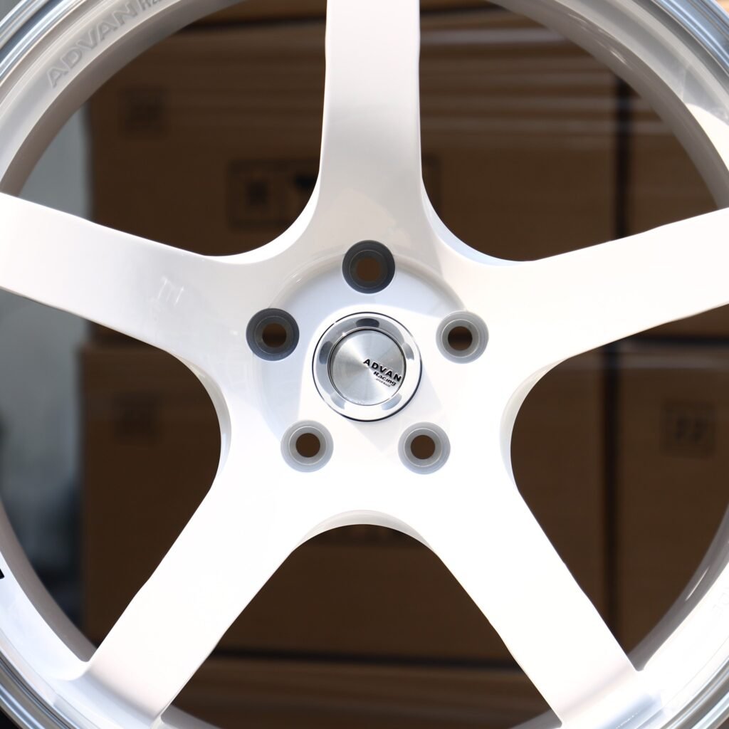 BMW M3 wheels – Gloss White 5-Spoke Polished Lip (Advan Racing-Style), angled view