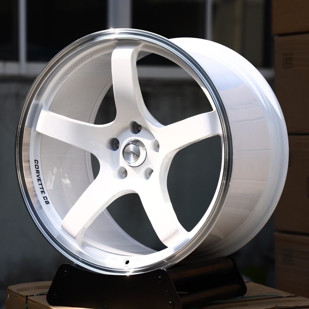 5x130 wheels – Gloss White 5-Spoke Polished Lip (Advan Racing-Style), side view