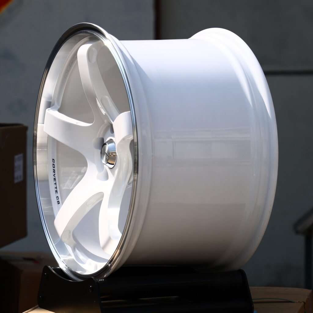 Toyota GR Supra wheels – Gloss White 5-Spoke Polished Lip (Advan Racing-Style), lip and barrel detail