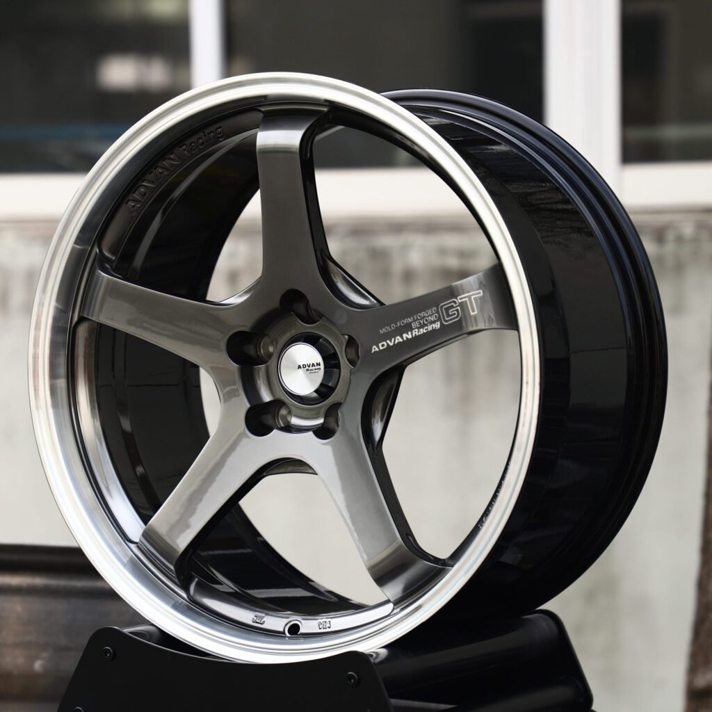 BMW M3 wheels – Gunmetal 5-Spoke Polished Deep Lip (Advan Racing-Style), angled view