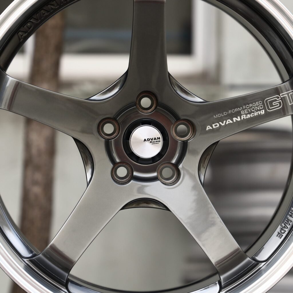 Toyota GR Supra wheels – Gunmetal 5-Spoke Polished Deep Lip (Advan Racing-Style), lip and barrel detail
