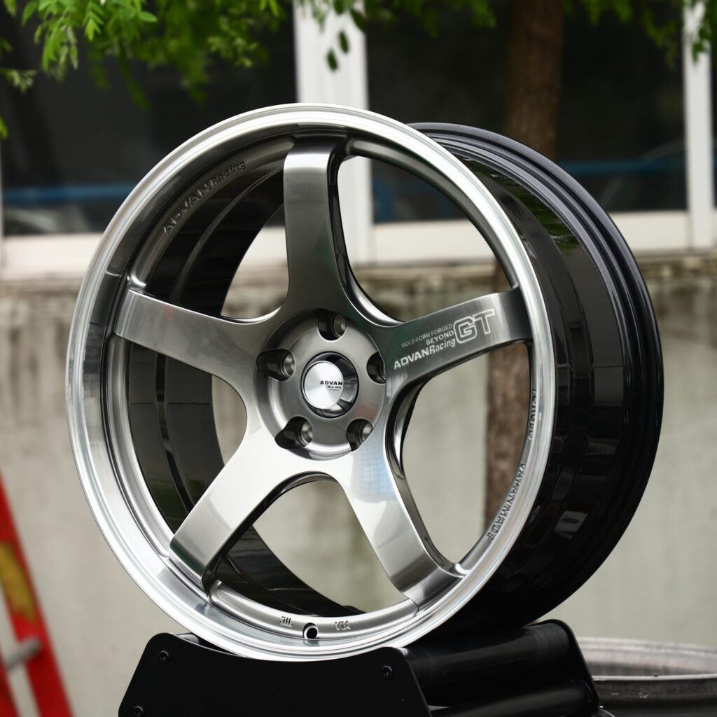 BMW M3 wheels – Gunmetal 5-Spoke Polished Deep Lip (Advan Racing-Style), angled view